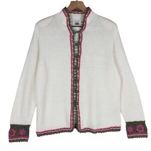 VTG CHRISTOPHER BANKS Crochet Cardigan Sz L White Cotton Grandma Cottage Button